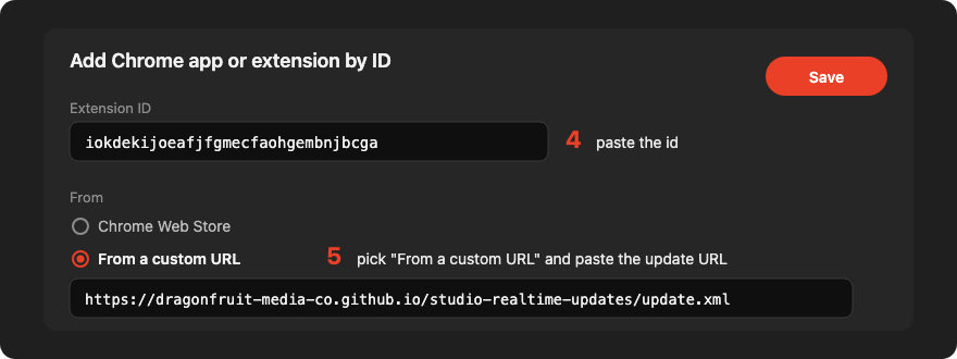 Add Chrome app or extension by ID dialog with the id and the custom update URL