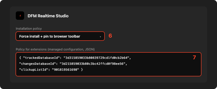 Installation policy set to Force install and pin, managed configuration JSON
